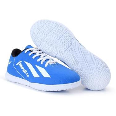 Imagem de Chuteira Futsal Azul Leve Confortavel Cano Baixo Macio Novo Costurada 