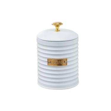 Imagem de Pote para Açúcar de Metal c/Tampa Friso Branco Premium c/Puxador Dourado Pote Redondo 16x10x10cm 1lt. Porta Mantimentos Moderno e Elegante