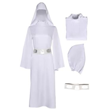Imagem de Rodwake Fantasia feminina de princesa Leia cosplay vestido branco com capuz roupão longo clássico terno de luxo