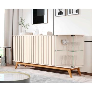 Imagem de Aparador Buffet Ripado Sala Açaí 4 Portas com Pés de Madeira com Vidro OffWhite - Rede Móveis