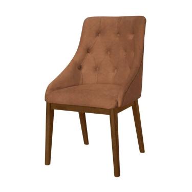 Imagem de Cadeira De Jantar Estofada Elisa Anatômica Em Couro Pu Caramelo Capitonê Base Imbuia Marrom