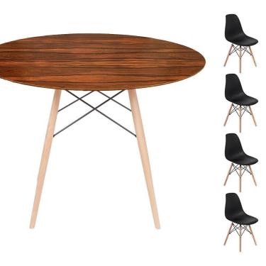 Imagem de Conjunto Mesa Eames Eiffel Dsw Redonda Pau Ferro 120cm + 4 Cadeiras Eames Dsw - Preta