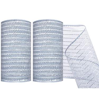 Imagem de MIKIMIQI Pacote com 2 fitas decorativas de malha de 15 cm x 7 metros de fita de malha com grinalda de malha metálica Deco Rolo de tela para guirlandas de primavera, brindes, artesanato, decoração de festa (prata)