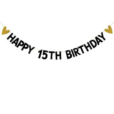 Imagem de HAPPY Banner de aniversário de 15 anos, pré-amarrado, decorações de festa com glitter de papel preto para 15 anos de idade suprimentos de festa de aniversário de 15 anos letras pretas ZHAOFEIHN