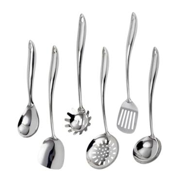 Imagem de VALESKA Conjunto De Utensílios Cozinha Em Aço Inoxidável 304, Metal Com 6 Peças, Espátula Para Wok, Concha, Escumadeira Fenda, Colher Massa, Concha Grande Servir, Fenda