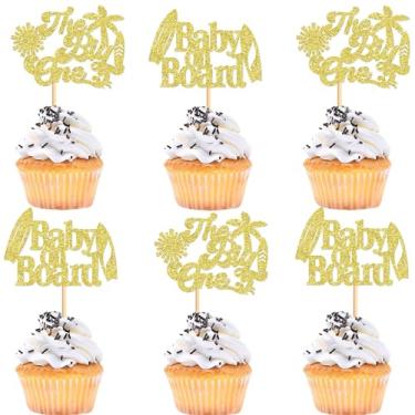 Imagem de Ercadio 24 Pack Baby on Board Cupcake Toppers Glitter Gold Baby on Board Surfboard Picks Aloha Cake Decorations for Summer Luau Theme Baby Shower Birthday Wedding Party Supplies