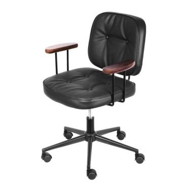 Imagem de Cadeira Escritório Giratória Ancara Or Design Revestida Pu Preto Braços Em Madeira Base Rodízio