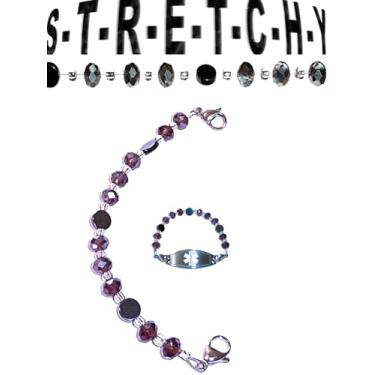 Imagem de Hidden Hollow Beads Pulseira substituível feminina roxa elástica de 16,5 ou 14 cm de comprimento com identificação de alerta médico intercambiável, etiqueta de informações vitais de identificação, 5.5