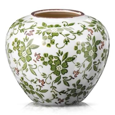 Imagem de Mimorou Vasos verdes e brancos de cerâmica vintage chinoiserie floral 17 cm H terracota redonda cerâmica rústica grande vaso com acabamento rachado para centros de mesa, casa de fazenda, decoração