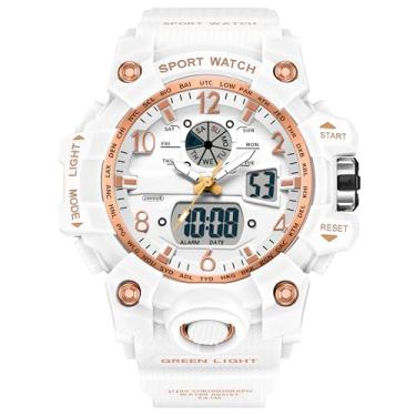 Imagem de findtime Relógio digital feminino à prova d'água, relógio de pulso analógico, tático, militar, com alarme luminoso, cronômetro, relógio de pulso com horário duplo, Ouro branco, esporte