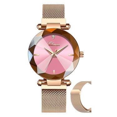 Imagem de Relógio feminino fashion com pulseira magnética de cristal em aço inoxidável e ouro rosé, Rose gold-Pink