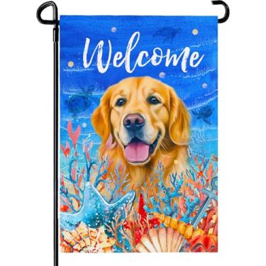Imagem de Dacawin Welcome Summer Garden Flag Sea Turtle Golden Retriever Yard Flags Dog Sea Star Shell Pool Dupla Face House Flag Swimming Water Holiday Party Seasonal Beach Outdoor Decor 30 x 45 cm