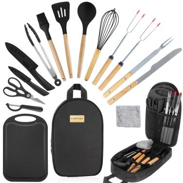 Imagem de Camkinger Conjunto de facas de acampamento de 15 peças, conjunto portátil de utensílios de cozinha de silicone para acampamento com bolsa de armazenamento, conjunto de utensílios de cozinha para