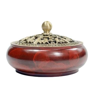 Imagem de Queimador de incenso de latão vermelho com suporte de bastão e algodão à prova de fogo - compatível com cone, disco de carvão, incenso de bobina | Design durável feito à mão para altar doméstico