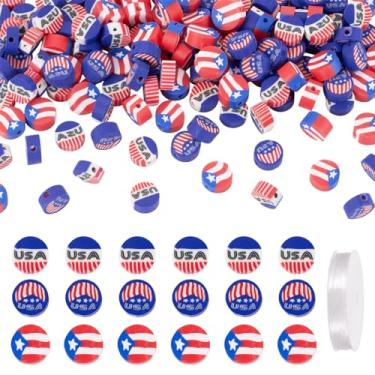 Imagem de Magibeads 300 peças de contas de argila de 4 de julho 9 a 10 mm planas redondas vermelhas, brancas e azuis kit de fabricação de pulseiras feitas à mão com cordão elástico para artesanato, pulseira da