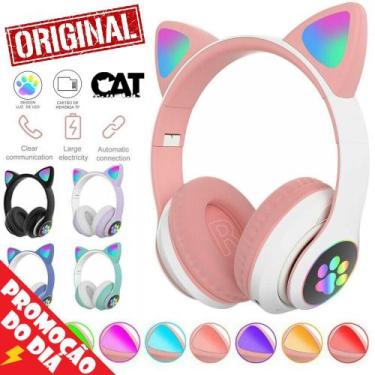 Imagem de Fone Ouvido Bluetooth Sem Fio Cat Luz Led Rgb Orelha Gato Headphone Po