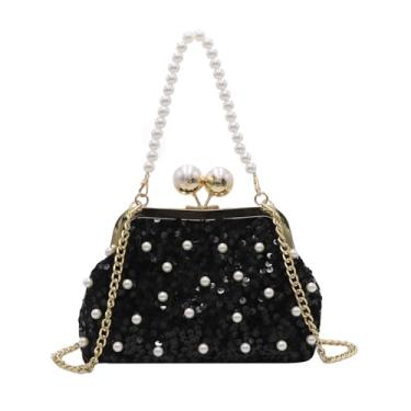 Imagem de Amamcy Bolsa de mão feminina brilhante com lantejoulas com glitter e alça de pérola, para formatura, festa de casamento, Preto, One Size