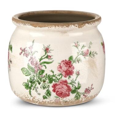 Imagem de Ninehaoou Vaso de rolagem de cerâmica, rosa francesa, rosa, rosa, rústico, vaso de flores cottagecore para plantas de interior, decoração de cozinha, casa de fazenda, presente decorativo antigo