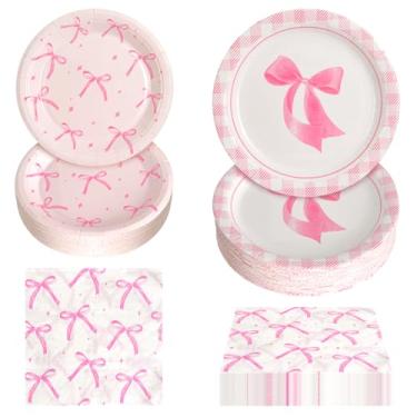 Imagem de Hpscdyo - Conjunto de 180 Pratos e Guardanapos de Papel com Laço Rosa, Festivo com Laço Rosa, Perfeito para Aniversários e Festas, Médio, Rosa e Branco