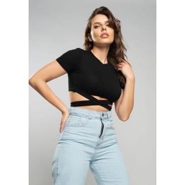 Imagem de Cropped Manga Curta Com Tiras Malha Preto Salvatore Fashion, Preto, M