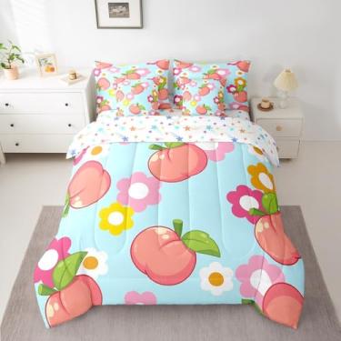 Imagem de jejeloiu Jogo de cama casal com edredom de frutas, pêssego, para meninos, meninas, adolescentes, azul claro, 7 peças