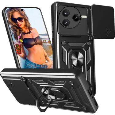 Imagem de Ephoou Capa protetora para Xiaomi Poco F7 Ultra/Redmi K80 Pro, proteção à prova de choque de grau militar com capa deslizante para câmera e anel magnético rotativo de 360° para Poco F7 Ultra SJ preta