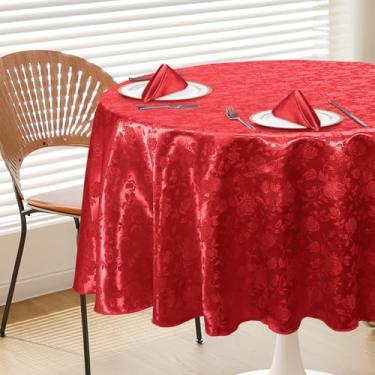 Imagem de Cobedzy Toalha de mesa vermelha de cetim redonda de 152 cm, toalha de mesa jacquard resistente a manchas, sem rugas, capa de mesa macia e sedosa para sala de jantar/festa/casamento/banquete/eventos