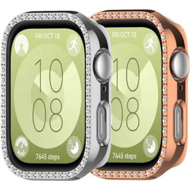 Imagem de 2 unidades compatíveis com Huawei Watch Fit 3 Bling Diamond Case PC Bumper Capas protetoras femininas meninas homens cristal brilhante strass capa acessórios para smartwatch (prata rosa ouro)
