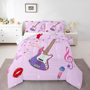 Imagem de Erosebridal Jogo de cama completo com baixo e microfone, nota musical, bola de discoteca, para meninas e adolescentes, decoração de quarto musical, 2 fronhas respiráveis
