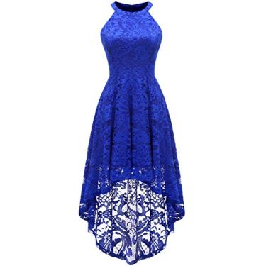 Imagem de Dressystar Vestido feminino de renda frente única para convidada de casamento Hi-Lo coquetel festa dama de honra vestidos formais, Azul royal, M