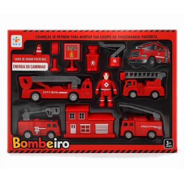 Imagem de Kit Carrinhos de Bombeiro Fricção Com Acessórios de Trânsito Placas Cones Posto Kit 13 Pçs