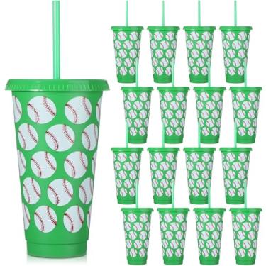 Imagem de Nuogo 12 peças de copos de plástico de festa de beisebol a granel 680 g copo de plástico com tampa e canudo, copos reutilizáveis para namorados, fãs, lembrancinhas de festa de aniversário