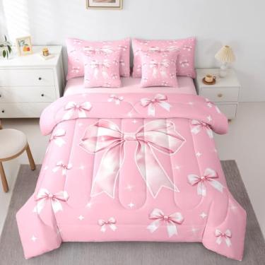 Imagem de Erosebridal Jogo de cama solteiro com laço rosa e nó de borboleta sonhadora, com fita de princesa, para crianças, meninas, mulheres, fantasia, estrelas brancas, lençol com elástico