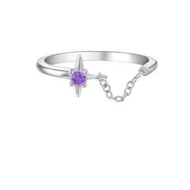Imagem de NewZenro Anel aberto com corrente de estrela CZ para mulheres, lindo banhado a prata azul/roxo zircônia cúbica ajustável, anel de dedo pequeno, ajuste confortável, moderno, joias Y2K para sua melhor