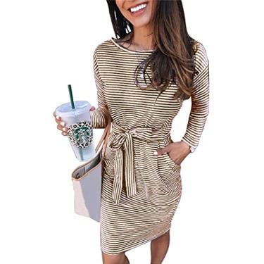 Imagem de PRETTYGARDEN Vestido feminino de outono, colado ao corpo, casual, manga comprida, amarrado, cintura justa, vestido lápis com bolsos, Marrom listrado, G