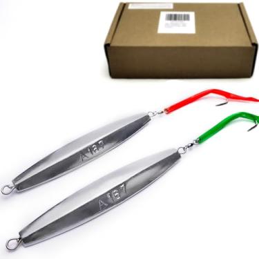 Imagem de VMSIXVM Diamond Jigs Iscas de pesca em água salgada, 28 a 227 g para pesca de surfe de metal plano com cauda de tubo, isca vertical de fundição oceânica, gabarito de pesca para bluefish, striper, atum