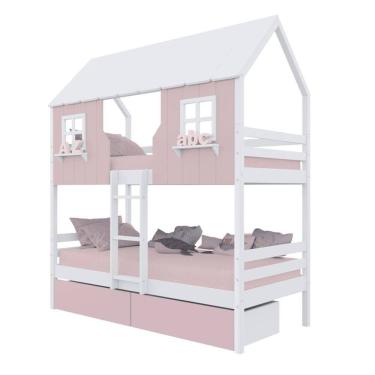 Imagem de Beliche Casinha Encantada com 02 Gavetas Madeira Maciça Rosa/ Branco Megamobilia