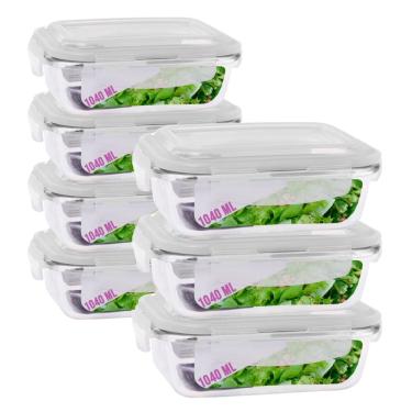 Imagem de Jogo 7 Potes Vidro Retangular Marmitas Tampa 4 Travas 1040ml