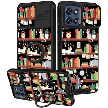 Imagem de Funermei Capa para Moto G Stylus 5G 2025 - Capa de telefone feminina bonita estética gato e livros design exclusivo com capa de câmera e suporte de anel Funda para Motorola G Stylus 5G 2025