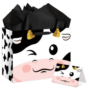 Imagem de Saco grande de presente de vaca, sacos de presente com estampa de vaca com papel de seda e cartão, lembrancinhas de festa de feliz aniversário para crianças, meninos, meninas, chás de bebê