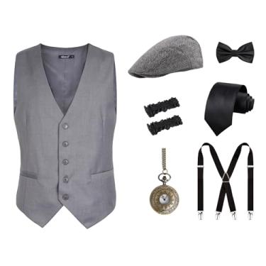 Imagem de Alizeal 7 peças de fantasia masculina anos 20, suspensórios de gravata, chapéu, relógio de bolso, braçadeiras, para fantasia masculina de Gatsby Peaky Blinders, Cinza escuro 197, M