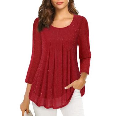 Imagem de Blusa feminina VALOLIA, manga 3/4, decote em V, vermelha, XXL, poliést