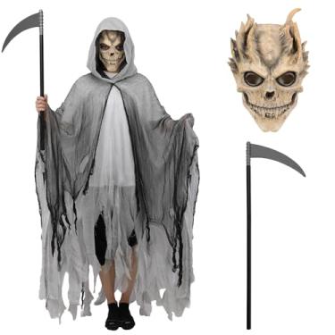Imagem de Fantasia de Ceifador com Máscara de Caveira para Adultos Assustador Dia das Bruxas Medieval Capa com Capuz Gancho da Morte Cosplay Capa Fantasia Fantasia, Horror Grim Reaper, 59”