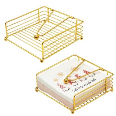 Imagem de RETON 2 peças porta-guardanapos para mesa, suporte de serviço plano de metal com braço pesado, dispensador de guardanapo de papel para cozinha casa restaurantes cafés casamentos bar (ouro)