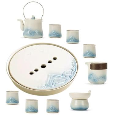 Imagem de Conjunto de bule de chá elegante estilo chinês bule de chá de cerâmica Kung Fu infusor de chá com bandeja de drenagem, conjunto de chaleira para sala de chá, conjunto de chá portátil