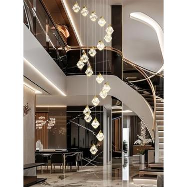 Imagem de H142in Lustre de foyer grandes lustres para teto alto pingente dourado luminária 26 luzes lustre de cristal luminária para sala de estar, escada, vila