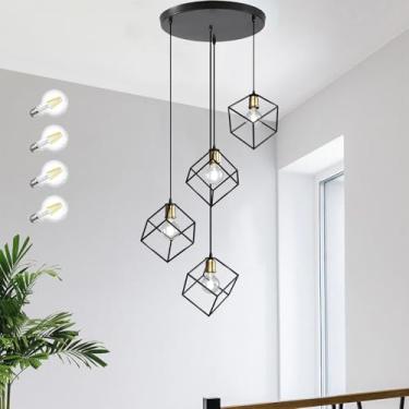 Imagem de vivihobb Luminária pendente longa de 4 luzes, lustre moderno de hall de entrada, gaiola de metal preto, luminária longa de 198 cm para tetos altos, hall de entrada, escada, lâmpadas LED incluídas