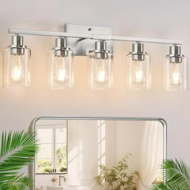 Imagem de Luminária de banheiro de 5 luzes, luminária de banheiro de níquel escovado com persianas de vidro transparente, lâmpada de parede de banheiro moderna para espelho, sala de estar, armário, quarto