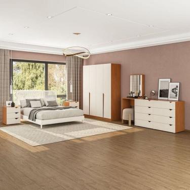 Imagem de Conjunto com Guarda-Roupa, Cômoda com Espelho e Gaveteiro Porto Creme/Freijó