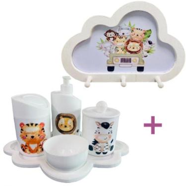 Imagem de Kit Higiene Bebê Safari Leão, zebra e tigre + Cabideiro Infantil Nuvem